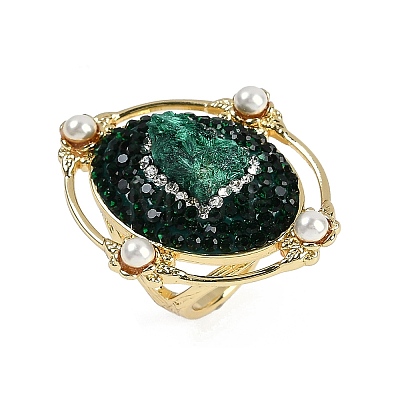 Oval Natural Malachite & Rhinestone Finger Rings RJEW-P128-03G-B-1