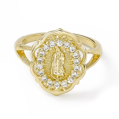 Clear Cubic Zirconia Flower with Virgin Mary Open Cuff Ring RJEW-F129-03G-1