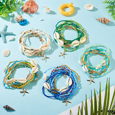 2 Bags Summer Beach Glass Seed Beaded & Natural Shell & Alloy Starfish Charm Anklet Sets AJEW-TA0003-69D-1