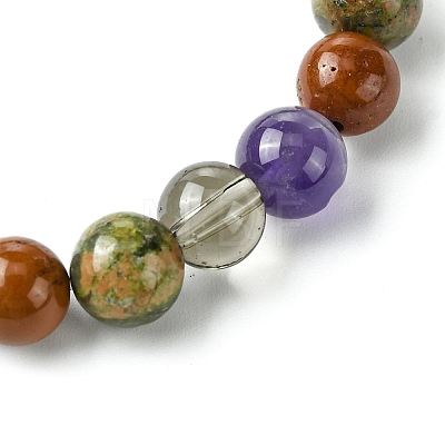 Synthetic Smoky Quartz & Natural Unakite & Amethyst & Red Jasper Round Beaded Stretch Bracelets BJEW-JB10910-07-1