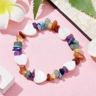 Natural & Synthetic Mixed Gemstone Chips & Shell Beaded Stretch Bracelet BJEW-JB09897-01-1