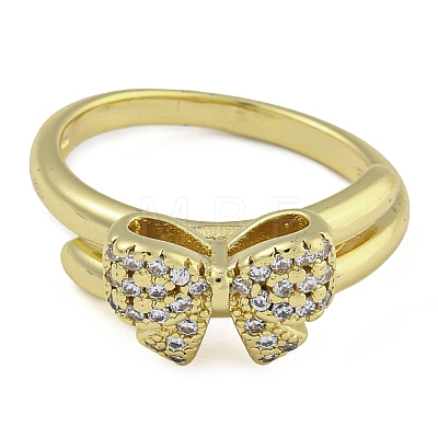 Bowknot Brass Micro Pave Clear Cubic Zirconia Open Cuff Double Rings RJEW-Z046-04G-03-1