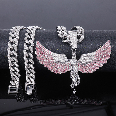 Zinc Alloy Full Light Rose Rhinestone Goddess with Angel Wings Pendant Cuban Link Chain Necklaces for Women FS-WGAC8C0-03-1