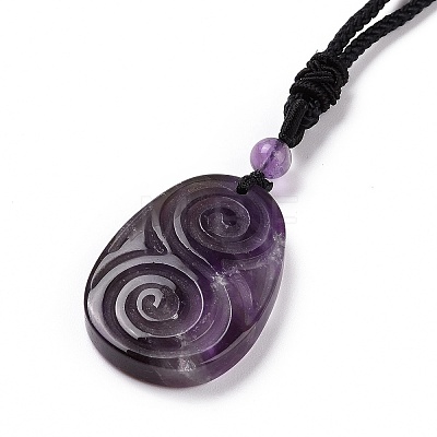 Adjustable Natural Amethyst Teardrop with Spiral Pendant Necklace with Nylon Cord for Women NJEW-L171-04B-1