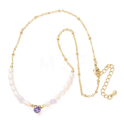 Natural Lavender Amethyst Chip and Rice Natural Pearl Beaded Necklaces GG-CBA3297-15G-F-1