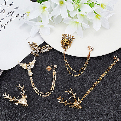 6Pcs 6 Style Lion & Eagle & Deer Rhinestone Safety Pin Brooches JEWB-WR0001-01-1