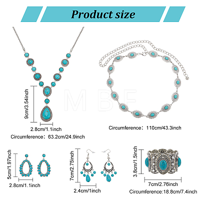 ANATTASOUL Synthetic Turquoise Hollow Out Teardorp Chandelier & Dangle Stud Earring & Stretch Bracelet & Lariat Necklace & Link Chain Waist Belt SJEW-AN0001-01-1