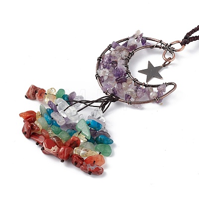 Natural Amethyst Moon with Mixed Gemstone Chips Tassel Pendant Decorations G-L524-07R-A05-1