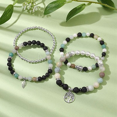 4Pcs 4 Styles 6/8mm Round Natural Lava Rock & Flower Amazonite & Shell Pearl Beaded Stackable Stretch Bracelet Sets BJEW-JB10333-1