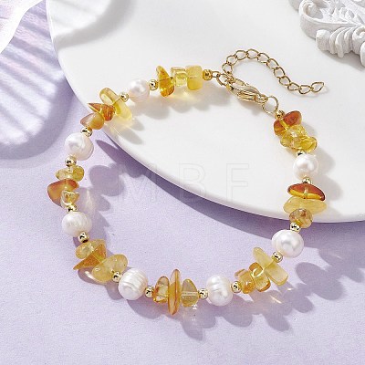 Natural Amber & Cultured Freshwater Pearl & Brass Beaded Bracelets for Women BJEW-JB13663-1