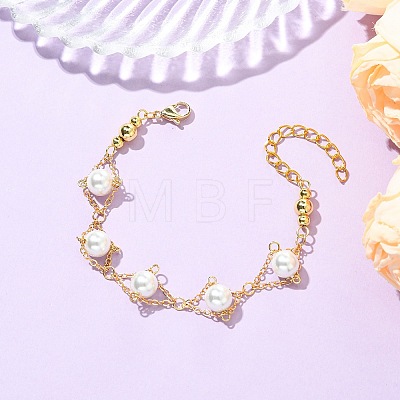 White Round Shell Pearl Brass Link Chain Bracelets for Women BJEW-JB14188-1