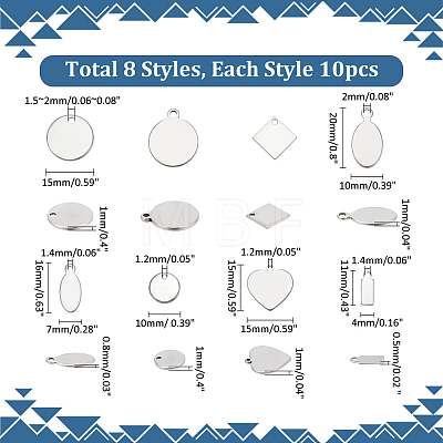 WADORN 80Pcs 8 Styles 304 & 201 Stainless Steel Stamping Blank Tag Pendants STAS-WR0001-11-1