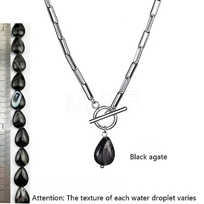 Natural Black Agate(Dyed & Heated) Pendant 304 Stainless Steel Paperclip Chain OT Necklaces for Women WG5218A-04-1