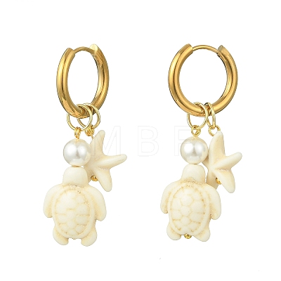 Tortoise & Starfish Synthetic Turquoise Hoop Earrings EJEW-JE07147-01-1