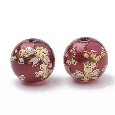Flower Picture Printed Glass Beads GLAA-Q071-02-1