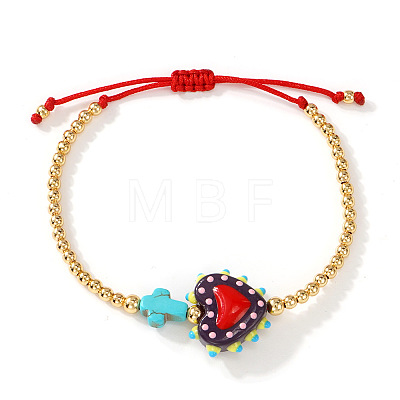 Heart Handmade Lampwork & Cross Synthetic Turquoise Bead Braided Bracelets IA3546-3-1