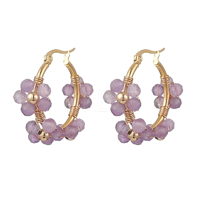 Flower Brass & Natural Amethyst Hoop Earrings EJEW-TA00781-02-1