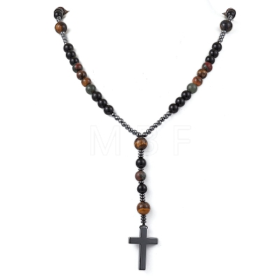 Natural Tiger Eye & Obsidian & Bloodstone Rosary Bead Necklaces NJEW-JN05114-02-1