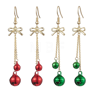 2Pairs 2 Colors Christmas Theme Brass Bell & Bowknot Dangle Earrings EJEW-JE05824-1