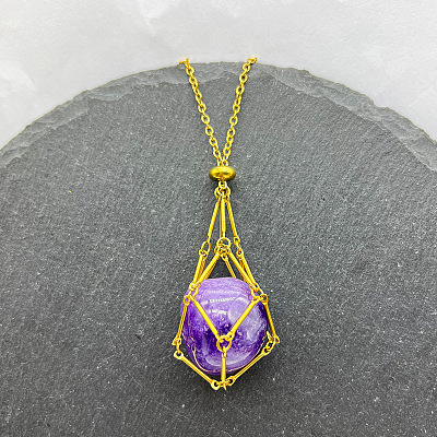 Natural Amethyst Nuggets Macrame Pouch Pendant 201 Stainless Steel Chain Necklaces FS-WG7A779-14-1