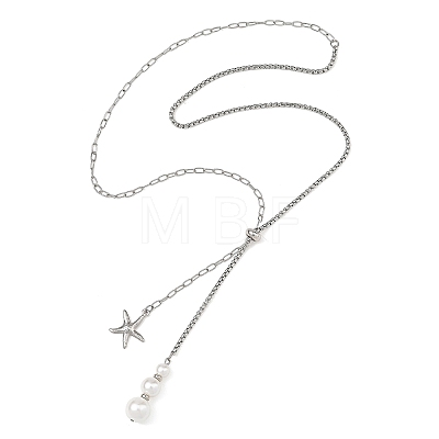Summer Beach 304 Stainless Steel Starfish Pendant Lariat Necklaces with Shell Pearl NJEW-JN06604-02-1