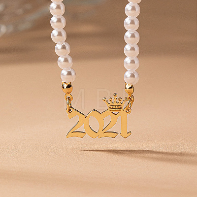 Alloy Crown Birth Year Pendant Imitation Pearl Round White Beaded Necklaces for Women FS-WG173C9-18-1