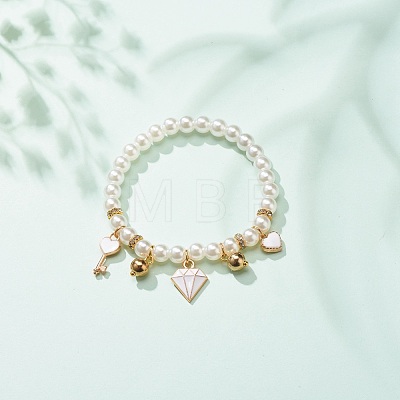 ABS Plastic Imitation Pearl Beaded Stretch Bracelet with Alloy Enamel Charms for Kids BJEW-JB08524-03-1