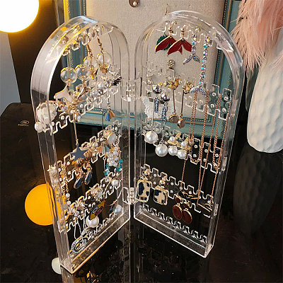 PS Plastic Earring Display Folding Screen Stands with 2 Folding Panels ODIS-WH0043-142B-02-1