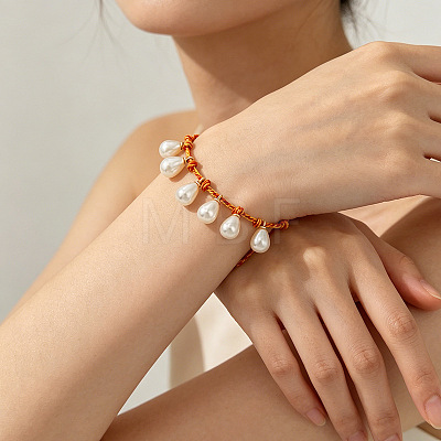 Imitation Pearl Teardrop Charm Adjustable Braided Cotton Cord Bracelets for Women WGB1457-01-1
