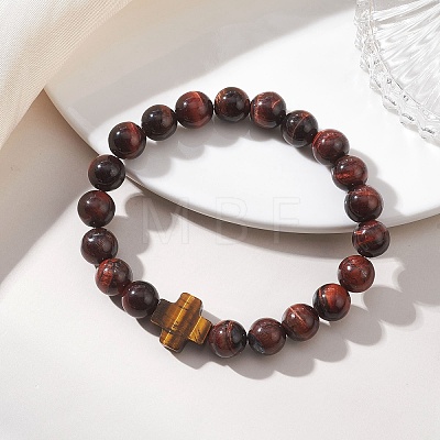 Natural Tiger Eye Round Beads Stretch Bracelets BJEW-JB13370-01-1