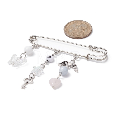 Natural Mixed Gemstone & Acrylic Butterfly & Wing Charms Safety Pin Brooch JEWB-BR00099-1