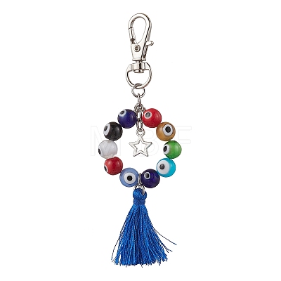 Handmade Lampwork Evil Eye & Polyester Tassel Pendant Decorations HJEW-JM02821-01-1