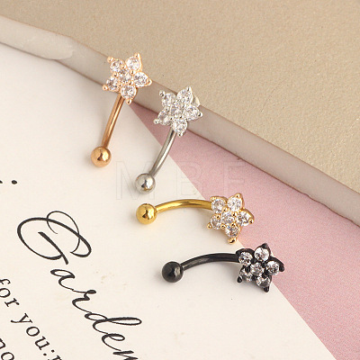 304 Stainless Steel Micro Pave Clear Cubic Zirconia Flower Curved Barbell Cartilage Earrings WG168AC-03-1