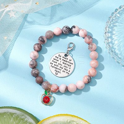 Natural Pink Zebra Jasper Beads & Apple Charms Bracelets & 304 Stainless Steel Flat Round Pendants Set SJEW-JS01307-02-1