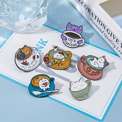 6Pcs 6 Style Cat with Cup Enamel Pin JEWB-HY0001-25-1