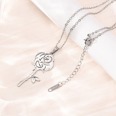 304 Stainless Steel Rose Flower Pendant Cable Chain Necklaces for Men Women NJEW-K308-05C-P-1