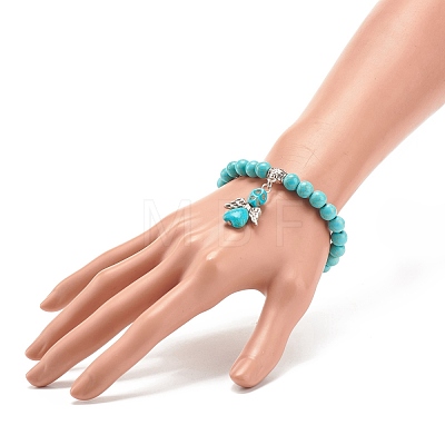 Synthetic Turquoise(Dyed) Beaded Stretch Bracelet with Skull Charm BJEW-JB08286-02-1