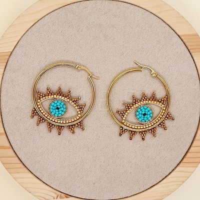 Glass Seed Braided Evil Eye Hoop Earrings for Women EJEW-BB7272727-1