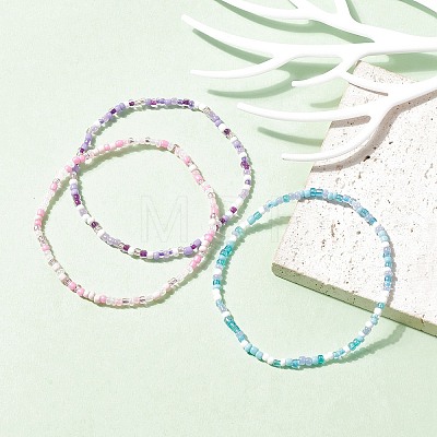 3Pcs 3 Style Glass Seed Beaded Anklets Set AJEW-AN00541-1