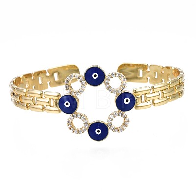 Cubic Zirconia Ring with Evil Eye Open Cuff Bangle with Enamel for Women BJEW-N012-014-1