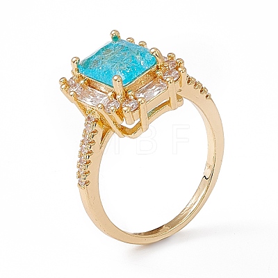 Deep Sky Blue Glass Rectangle Finger Ring with Cubic Zirconia RJEW-J017-VC500-1