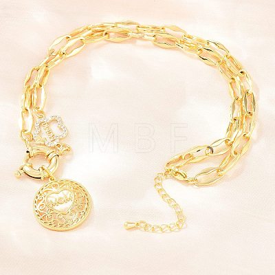 Mother's Day Brass Micro Pave Clear Cubic Zirconia Hollow Flat Round with Heart Mama Pendant Necklaces for Women NJEW-A071-05G-1