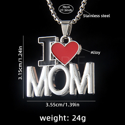 Mother's Day 201 Stainless Steel & Alloy Enamel Heart "I Love Mom Pendant Necklaces FS-WG3172B-01-1