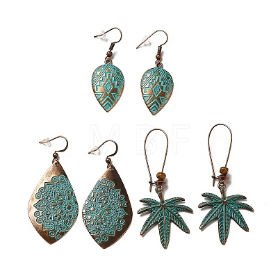 3 Pairs 3 Style Teardrop & Twist Rhombus & Coconut Tree Alloy Dangle Earrings Set EJEW-G330-02R-1