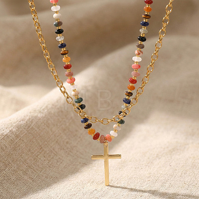 Natural Mixed Stone and Glass Beaded Stainless Steel Cross Pendant Double Layer Necklaces for Women GY4764-1-1