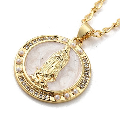 Flat Round with Virgin Mary Brass Micro Pave Cubic Zirconia Pendant Necklaces NJEW-S385-03A-G-1