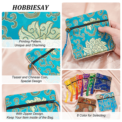 16Pcs 8 Colors Chinese Brocade Tassel Zipper Jewelry Bag Gift Pouch ABAG-HY0001-02-1