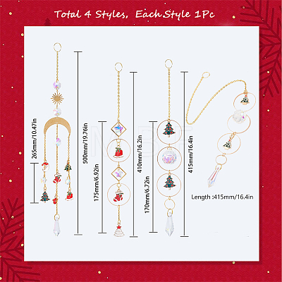 4Pcs 4 Style Christmas Theme Sun Catcher Glass Pendant Decorations AJEW-SC0001-51-1