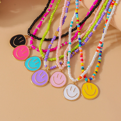 7Pcs 7 Colors Alloy Enamel Smiling Face Pendant Glass Seed Beaded Necklaces for Women FS-WGD322E-08-1