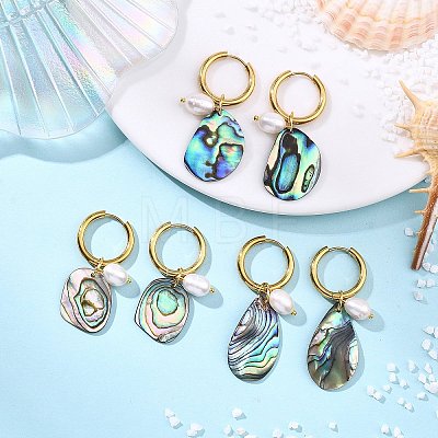 3 Pairs 3 Styles Natural Cultured Freshwater Pearl Beads & Paua Shell Dangle Hoop Earrings EJEW-JE07254-1
